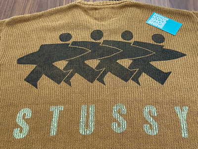STUSSY SURFMAN ICON COTTON LINEN CREWNECK WOVEN KNIT SWEATER BROWN