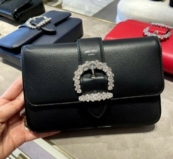 Jimmy Choo Cheri Wallet with Chain Crystal Buckle Black Leather