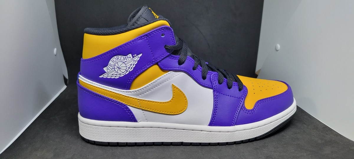 Nike Mens Air Jordan 1 Mid Shoes Purple White Yellow Lakers DQ8426