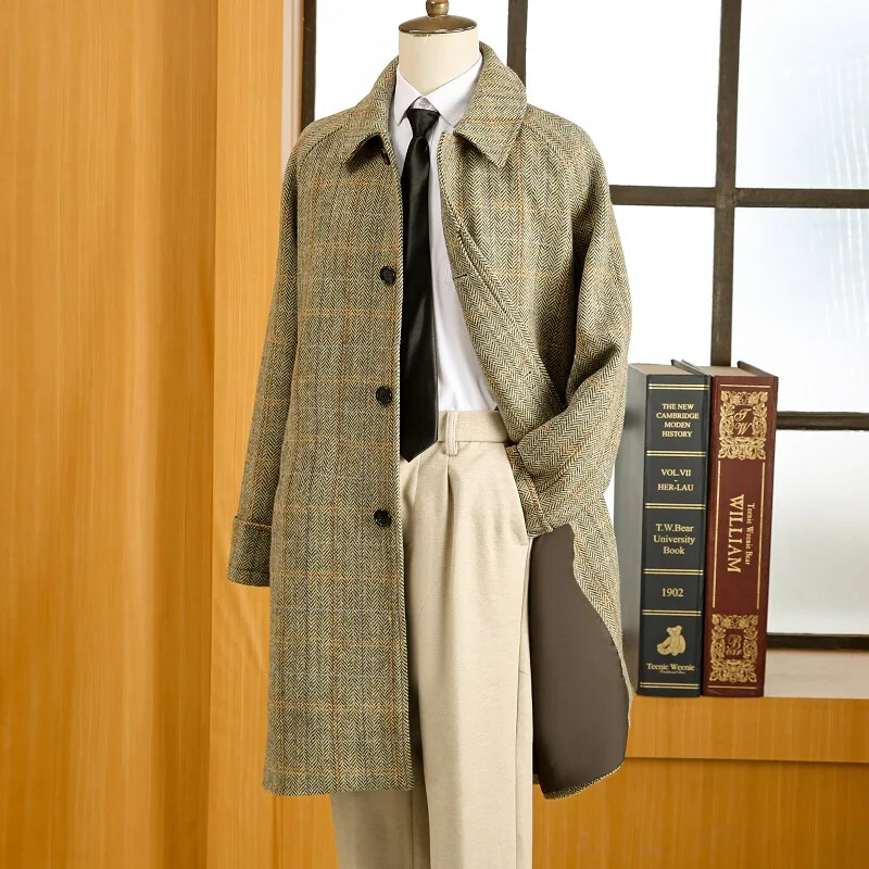 Men's Tweed Balmacaan Overcoat Houndstooth Pattern Classic Style