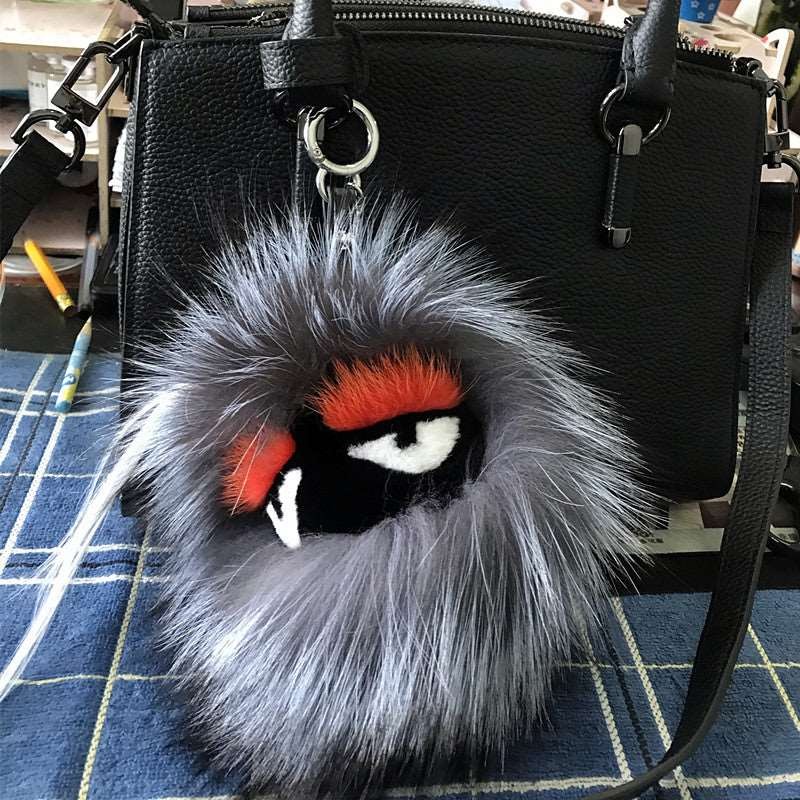 FENDI Pom-Pom Fox Mink Rabbit Fur Freak Monster Bag Bug Charm Grey