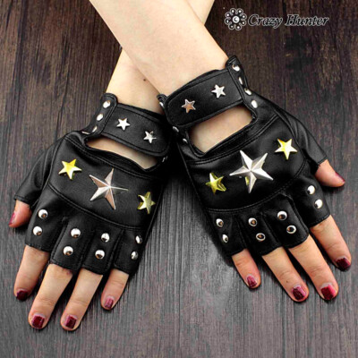 Womens Fingerless Leather Gloves Star Studded Dancing Driving Rock
