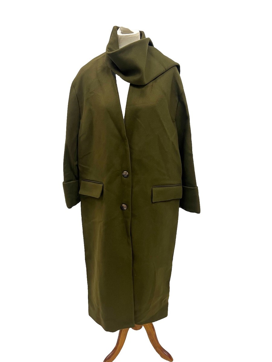 ZARA Manteco Scarf Coat Size XS/S M/L Wool Blend Dark Khaki NEW