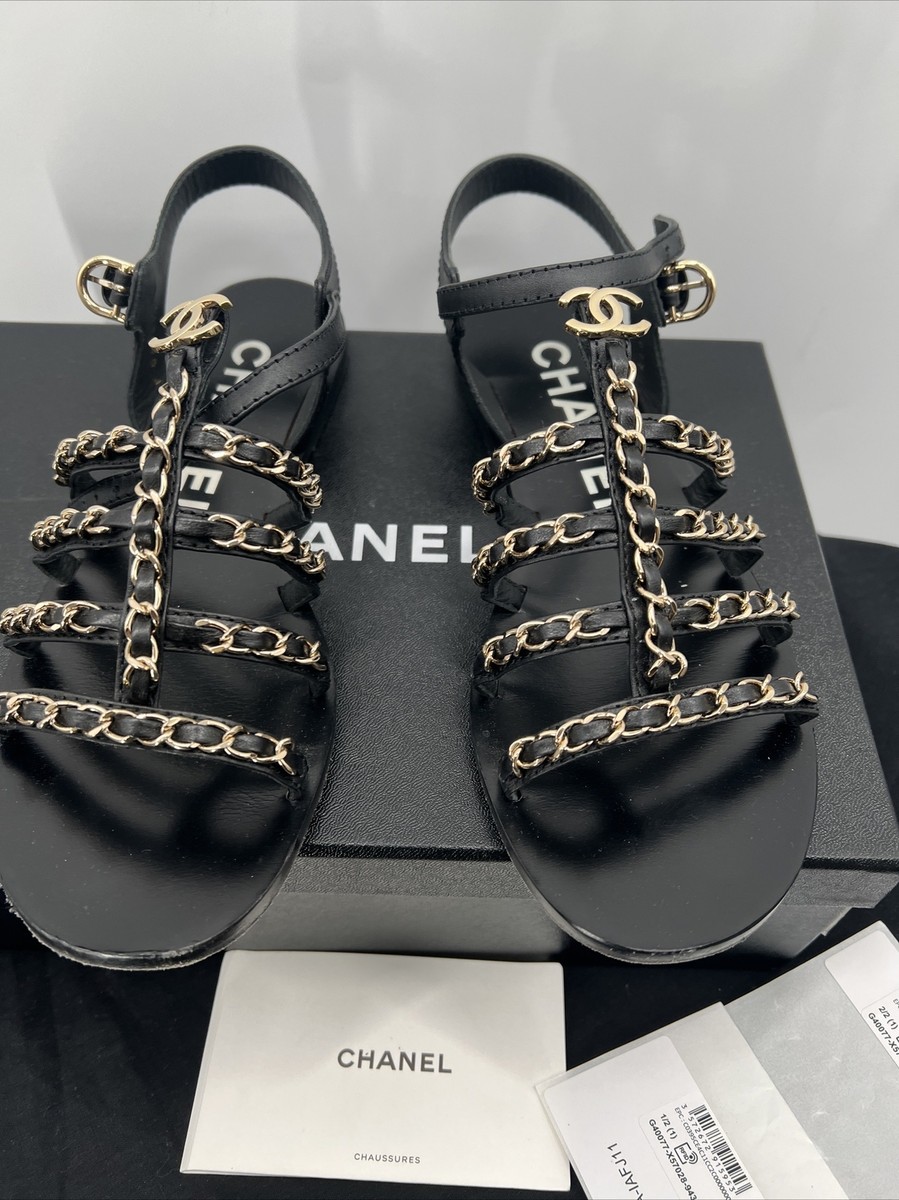 CHANEL 2023 interlocking CC logo gladiator open toe black sandals