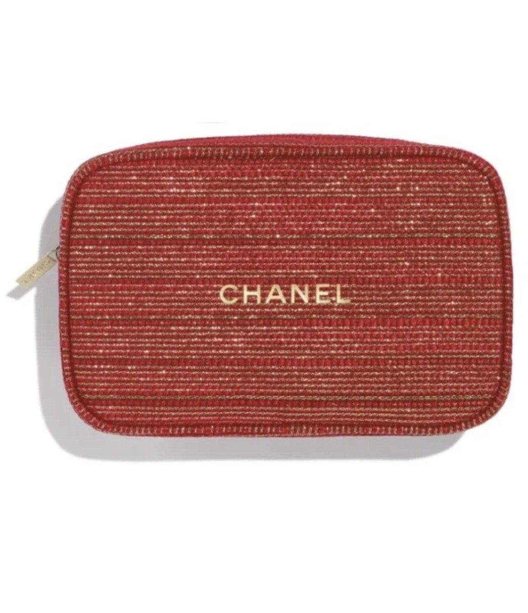 CHANEL Makeup Bag Holiday Gift Set 2022 Red Gold Tweed Cosmetic