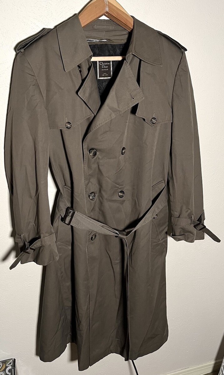 Vintage Christian Dior Olive Green Wool Lined Belted Trench Coat