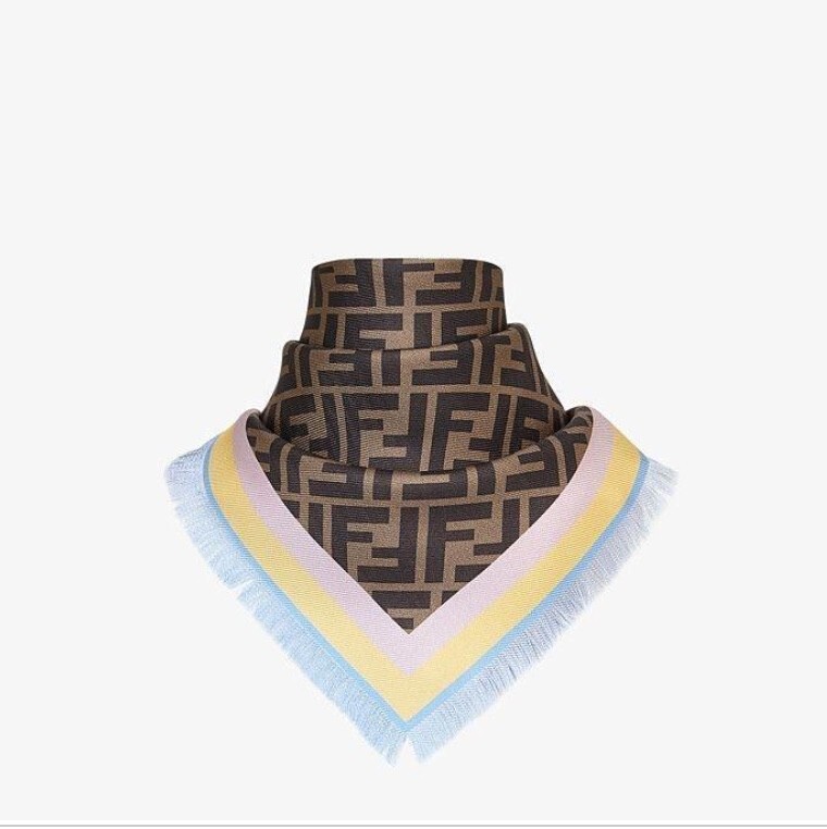 FENDI Silk Scarf 70cm Brown Logo Mark Yellow, Blue, Pink Shawl
