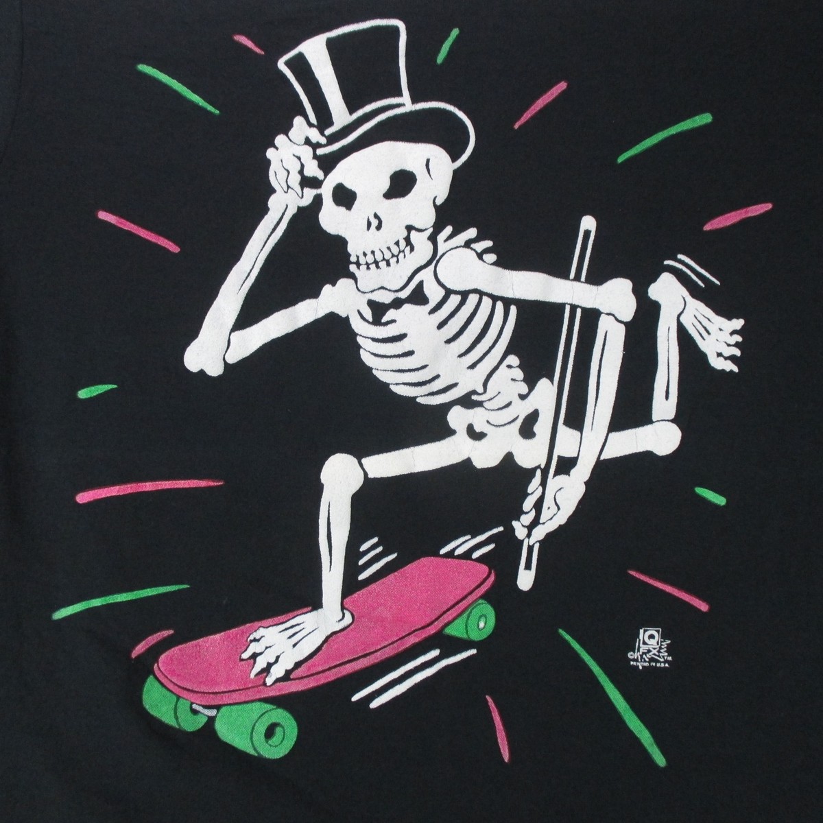 vtg 80s SKATEBOARD SKELETON TUX CARTOON T-Shirt SMALL skate skull