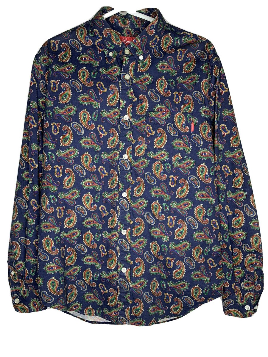 Supreme Paisley Button Up Shirt Long Sleeve Navy Fw13 Box Logo Tnf