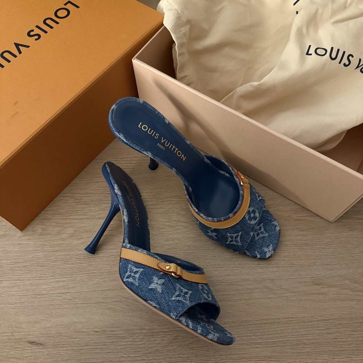 Louis Vuitton Light Blue Denim Neo Revival Mules Heels Monogram 41