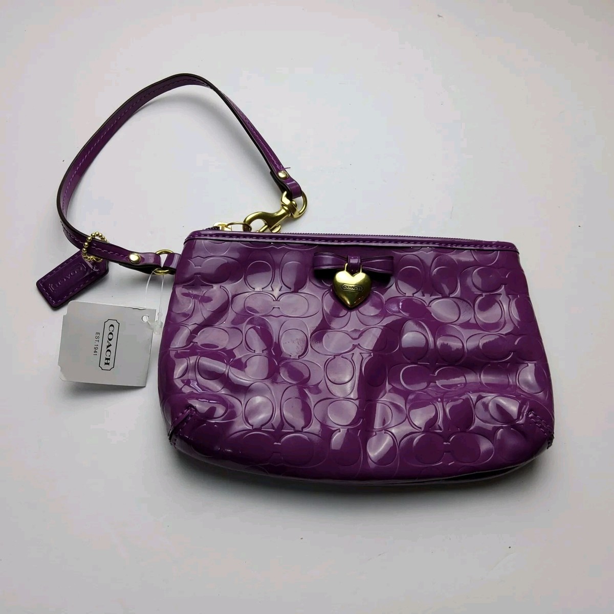 Coach Signature Patent Glossy F49562 Wristlet Pouch Clutch Wallet