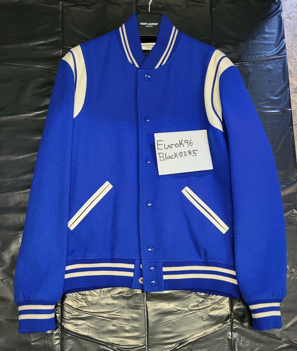 100% AUTHENTIC Saint Laurent Paris 2021 Royal Blue Varsity Teddy