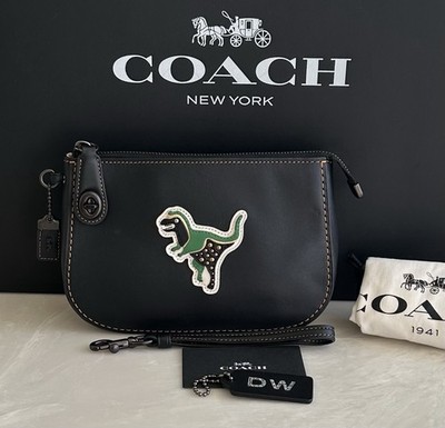 COACH 1941 STUDDED REXY VARSITY PATCH BLACK LEATHER POUCH WRISTLET