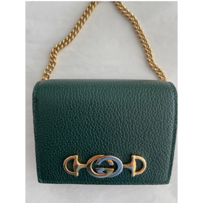 GUCCI Zumi Chain Mini Bag Chain Green Leather Card Case Gold Italy