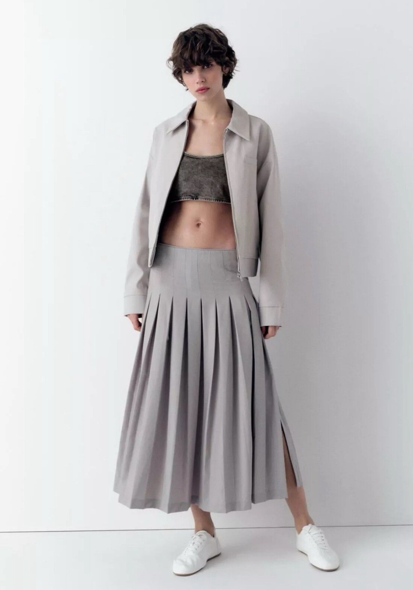 ZARA SS24 NWT GRAY HIGH WAIST MIDI BOX PLEATED SKIRT SIZE S, M_REF