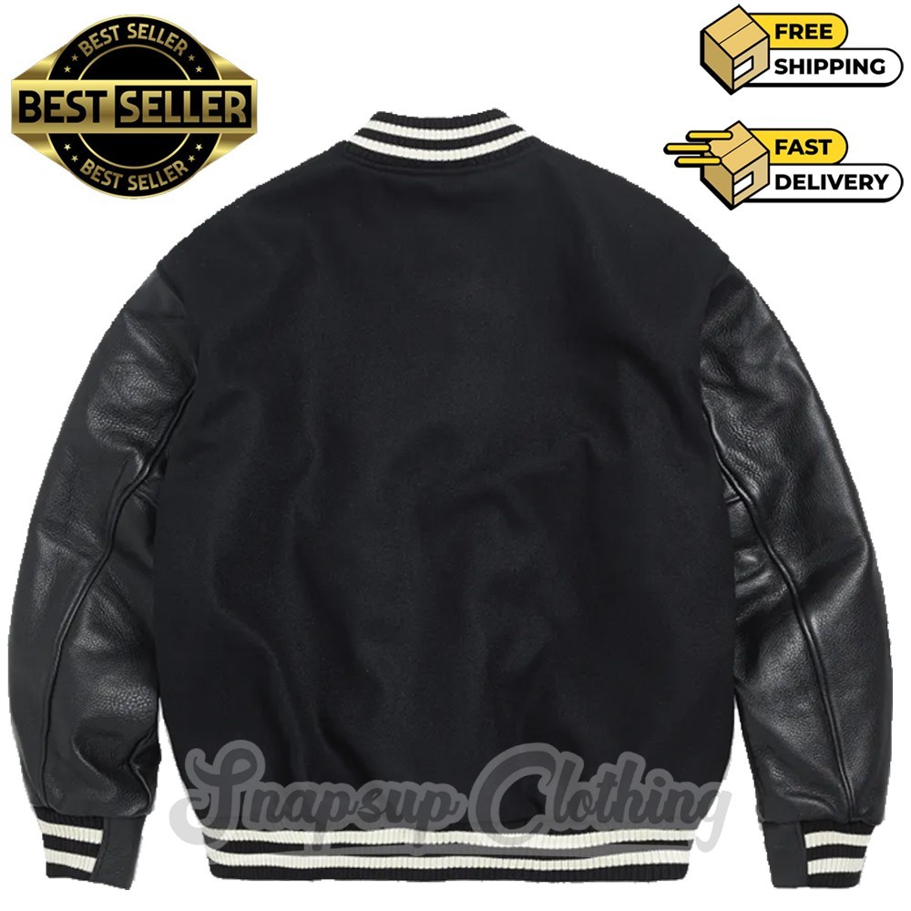 Unisex Black Wool Leather Drop Shoulder Athletic Letter College