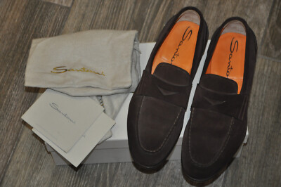 Authentic New Men's Santoni Brown Suede Leather Loafers,UK7.5/US8