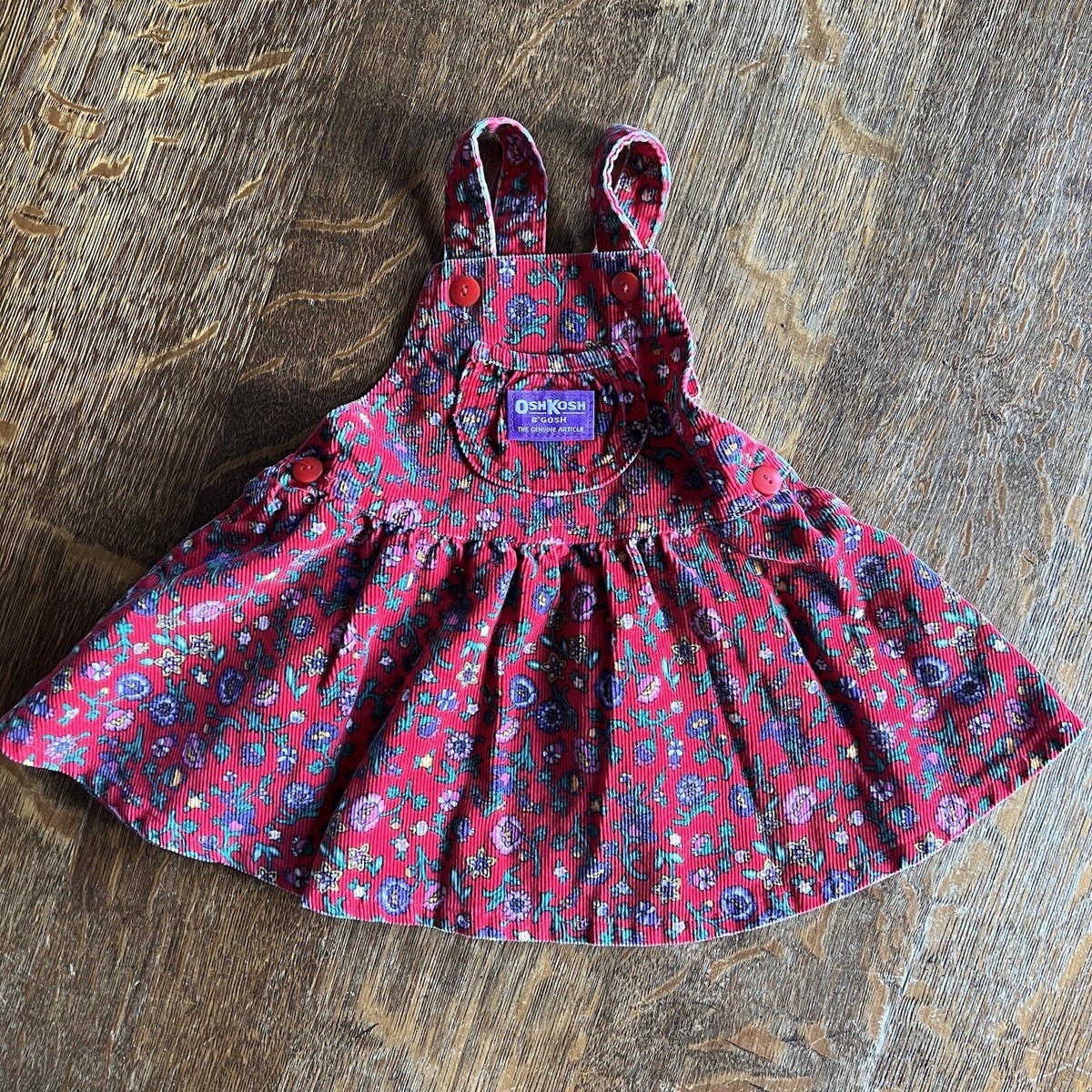 Vintage Oshkosh Infant Red Floral Corduroy Bib Dress Size 12
