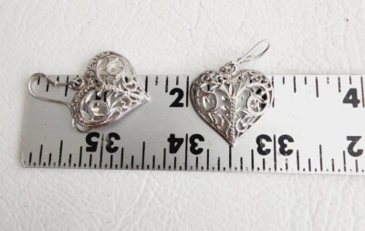 Vintage Sterling Heart Earrings Filigree 925 Silver Dangle Pierced