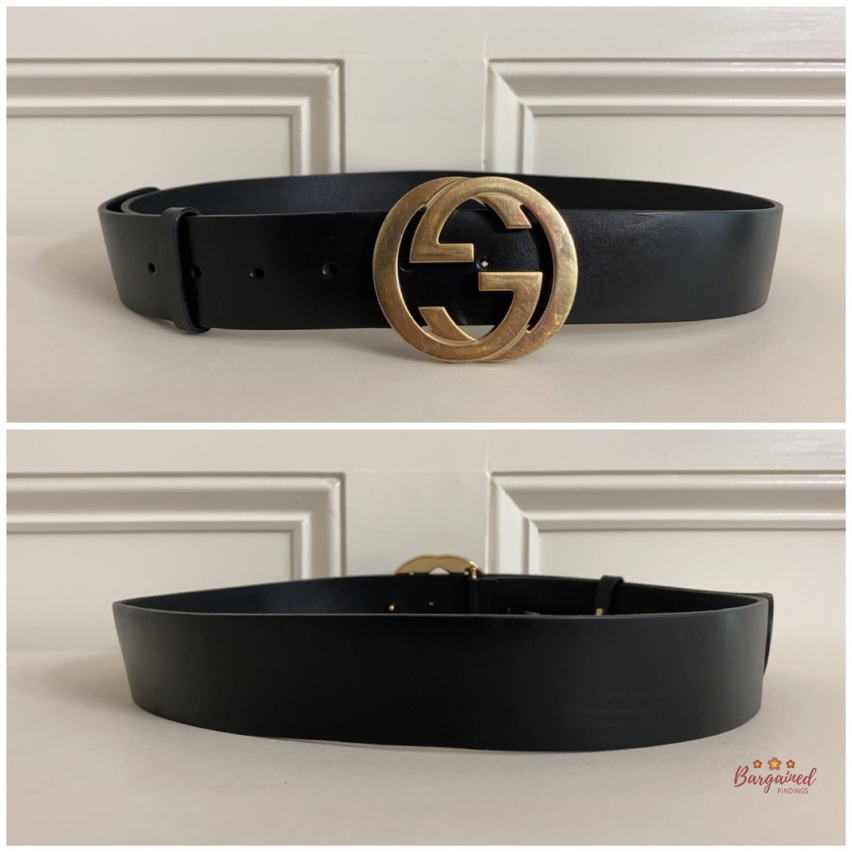 Authentic Gucci Black Calfskin Leather Gold Interlocking G Buckle
