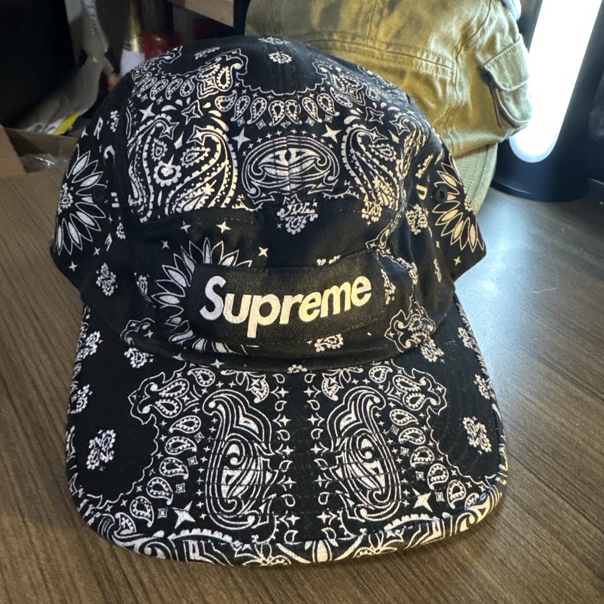 Supreme Bandana 5 Panel Box hat Logo Spell Out Camp Cap Leather
