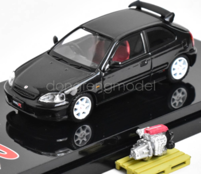 HJ 1:64 Black Civic Type R EK9 Vtec Engine Model Diecast Metal Car