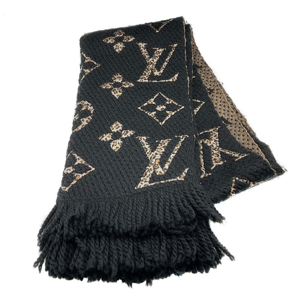 LOUIS VUITTON Giant Monogram Jungle Scarf Shawl Fringe scarf Black