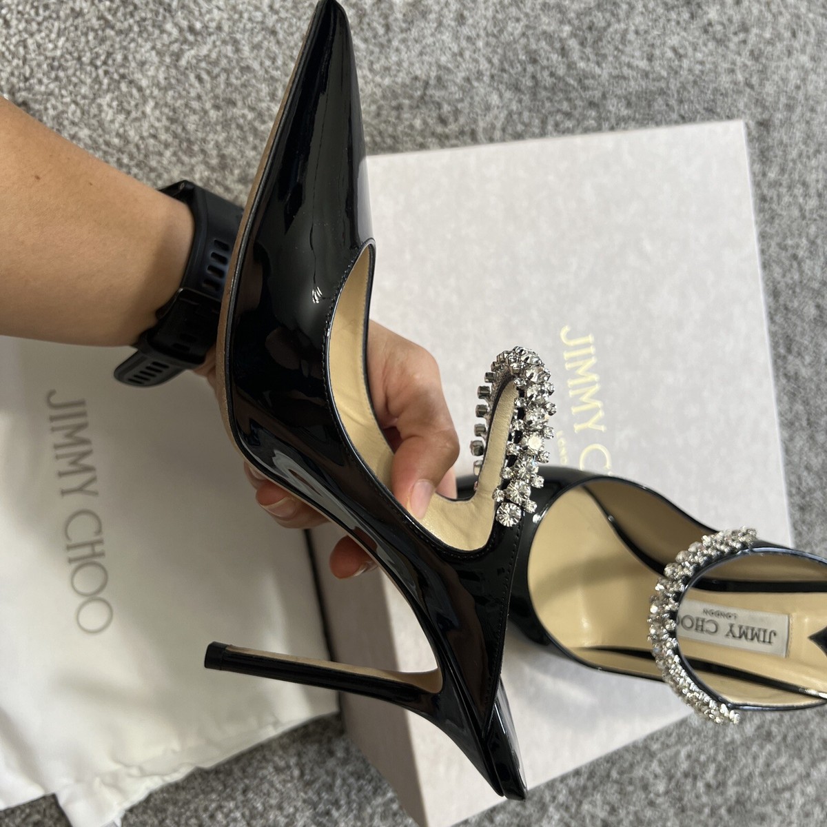 Jimmy Choo Bing 100 Black Patent Leather Mules with Crystal Strap