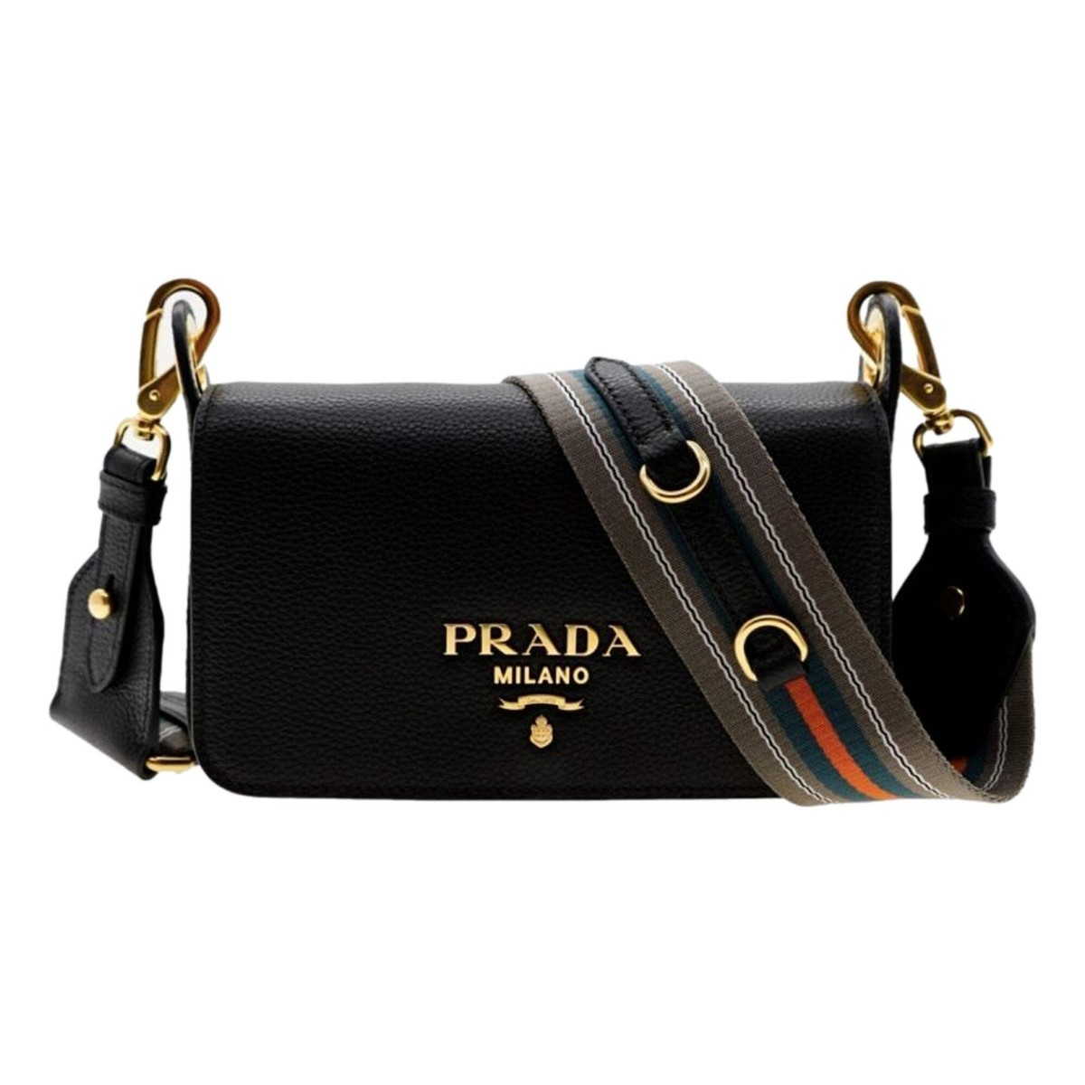 Prada Milano Black Small Leather Crossbody Bag Web Stripe Strap | eBay