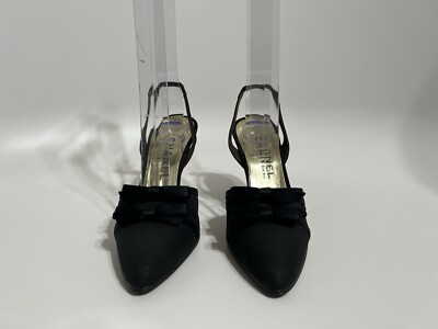 Vtg Chanel 80s Black Bow Slingback Heels 6 | eBay