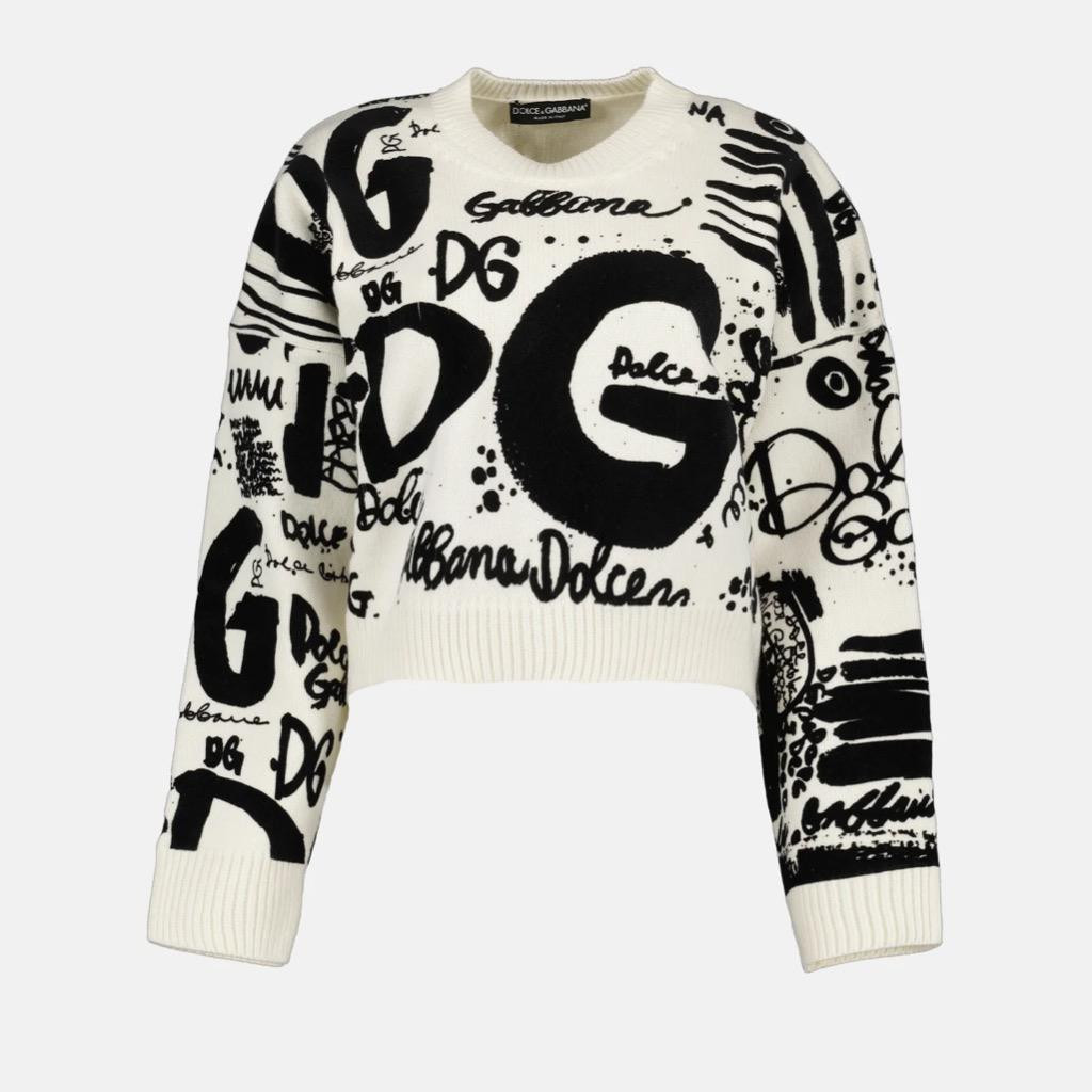 Dolce & Gabbana White/Black Graffiti Logo Print Cropped Sweater