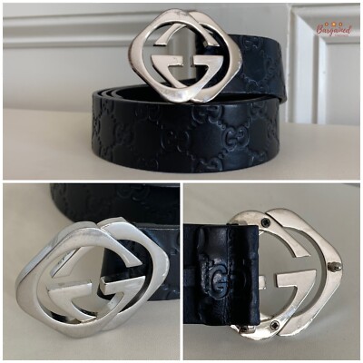 Authentic Gucci Black Monogram Leather Silver Interlocking Square