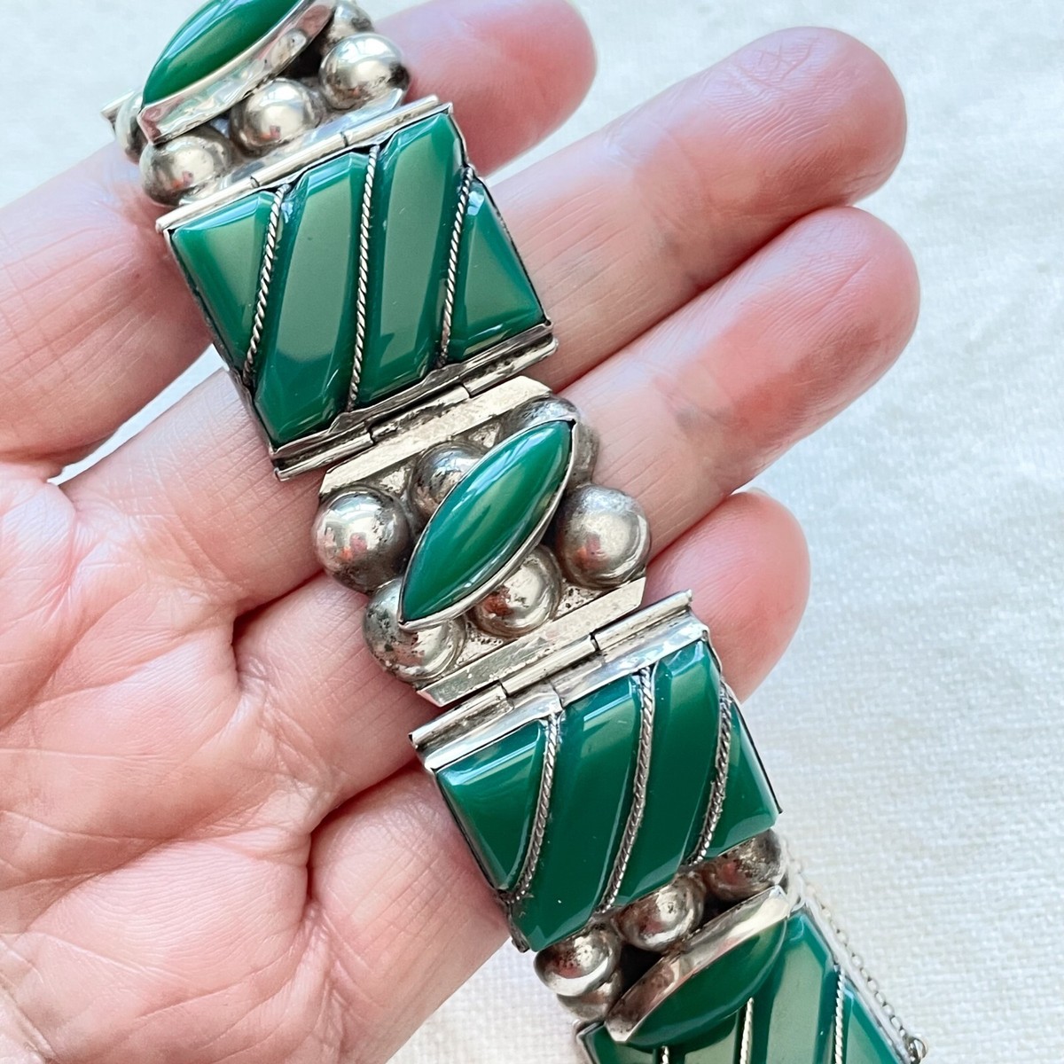 Vintage 40s Mexican 925 Sterling Silver Bracelet + Green Onyx