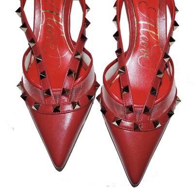 36.5 VALENTINO Sandals Red Leather Mules Rockstud Kitten Heels