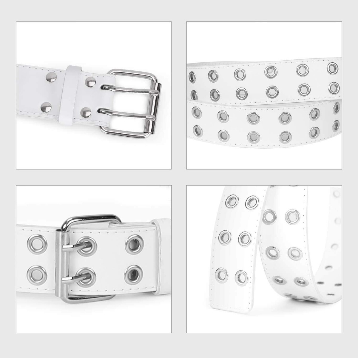 Double Grommet PU Leather Belt Punk Belt for Women Men White Belt