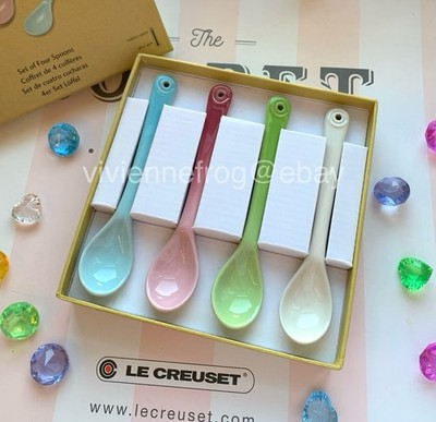 LE CREUSET BLUE PINK WHITE GREEN CAFE TEASPOONS TEA SPOONS SET @ 4