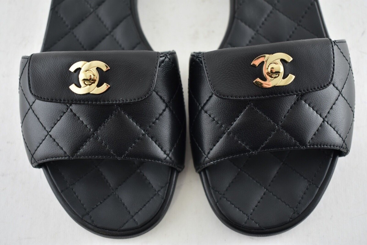 Chanel REV Black Turnlock Quilted Gold CC Logo Mules Slide Sandal