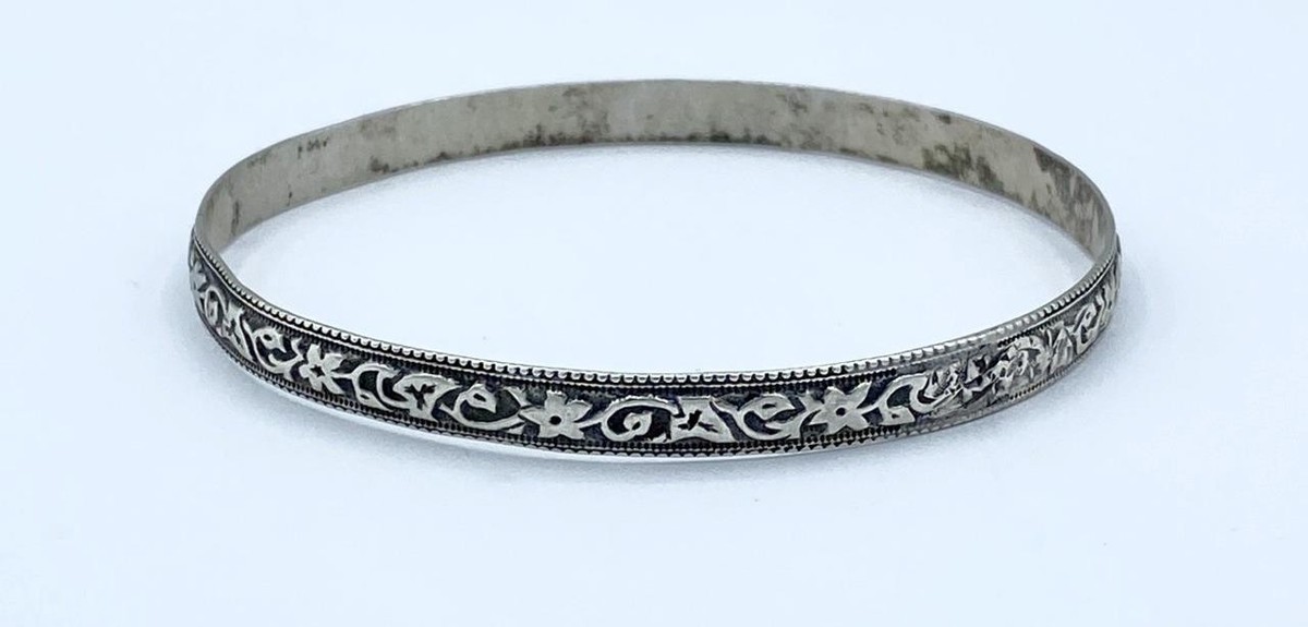 Vintage Danecraft Sterling Bangle Bracelet w/ Floral & Ivy Design