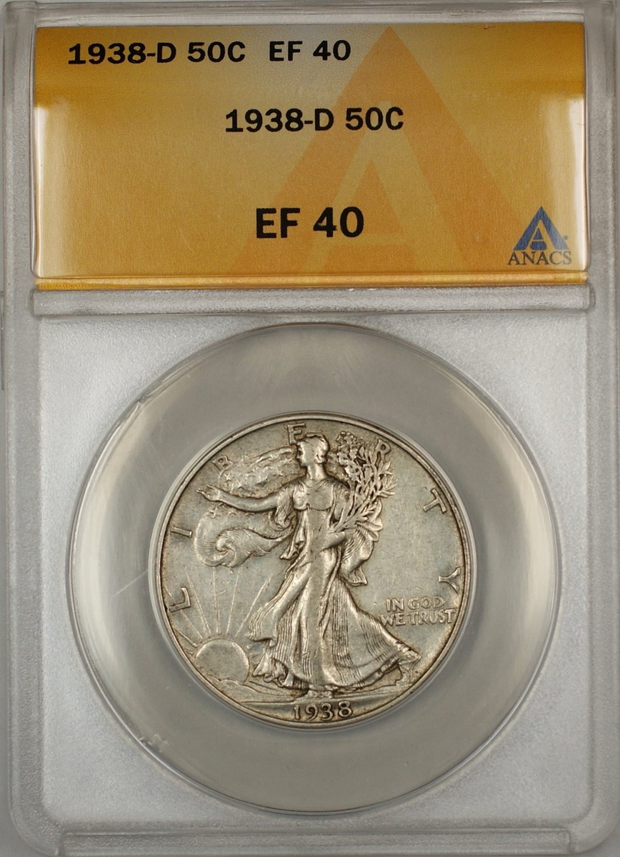 1938-D Walking Liberty Silver Half Dollar 50c Coin ANACS EF-40 HL