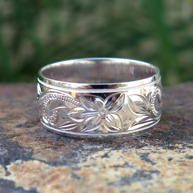 Hawaiian Sterling Silver Flower Scroll Jewelry Wedding Ring Band