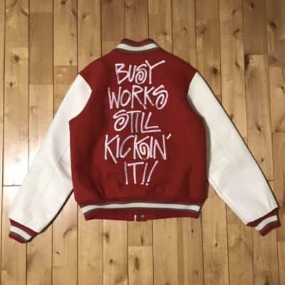 Size M BAPE × stussy sleeve leather varsity jacket Men's Red Wool