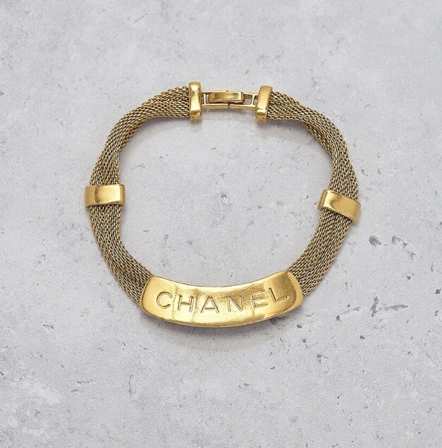 Chanel Logo Bangle Bracelet Womens Made in France Gold Plated