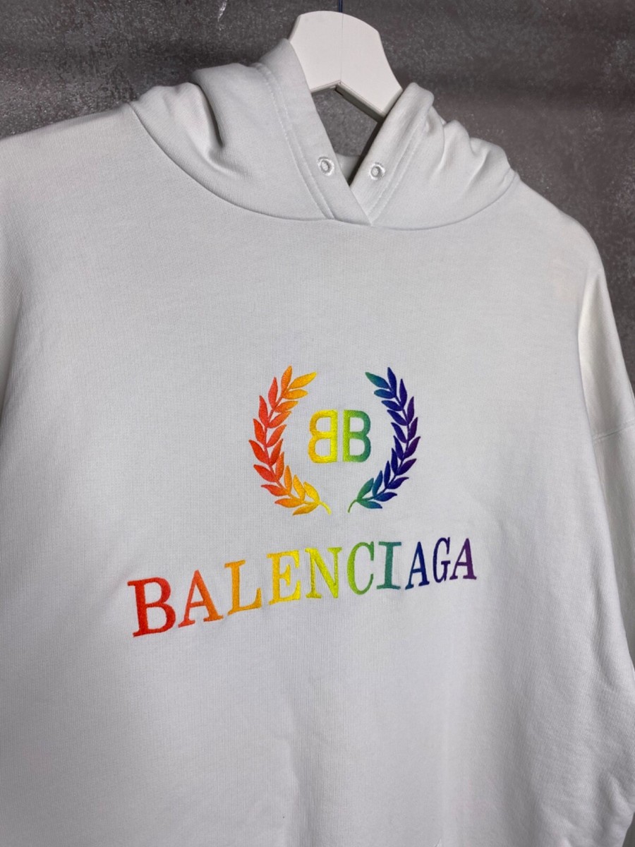 Balenciaga Rainbow Logo Embroidered Hoodie White Size XS Oversized