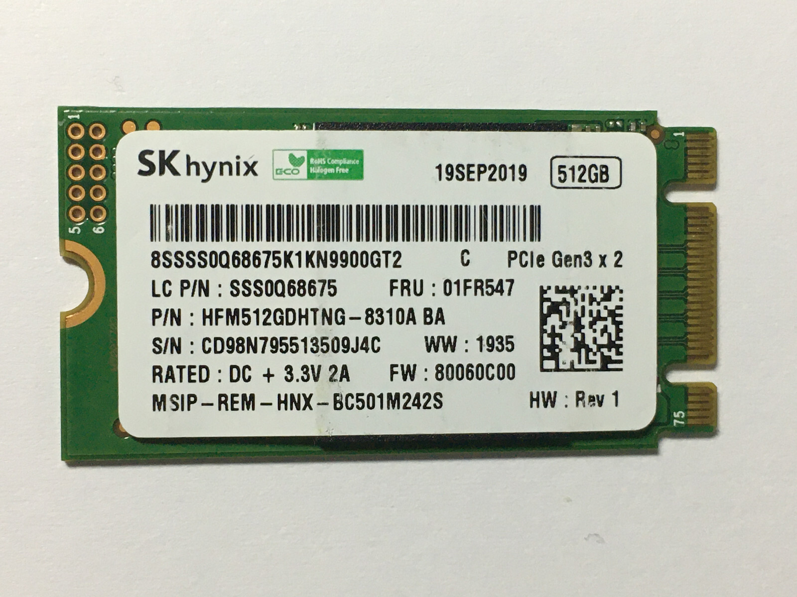 SKhynix HFM512GDHTNG-8310A 512GB SSD MVMe PCIe Gen3x2 M.2 2242 SSD