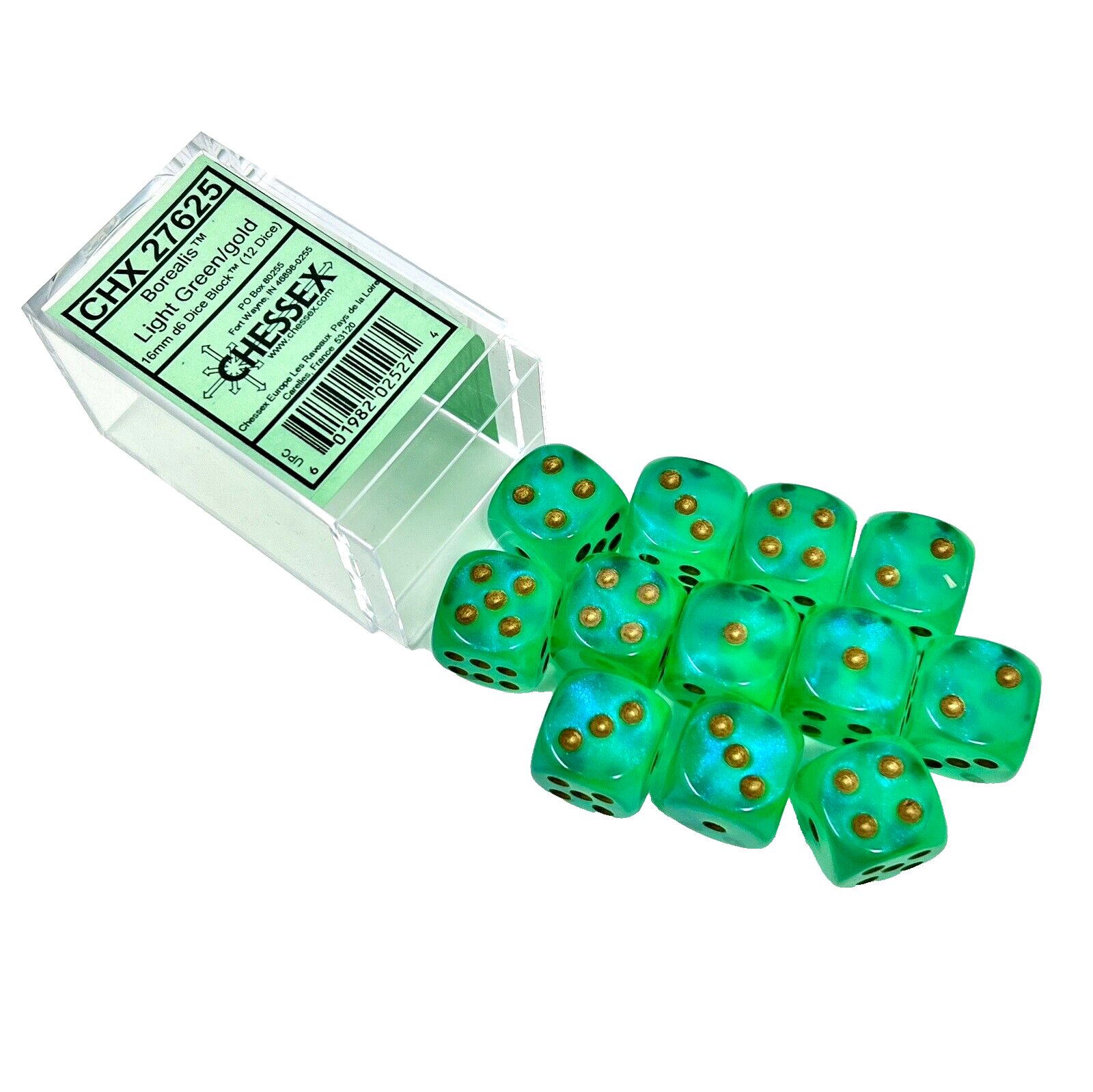 OLD GLITTER Chessex Borealis Light Green/Gold 16mm d6 Dice Set