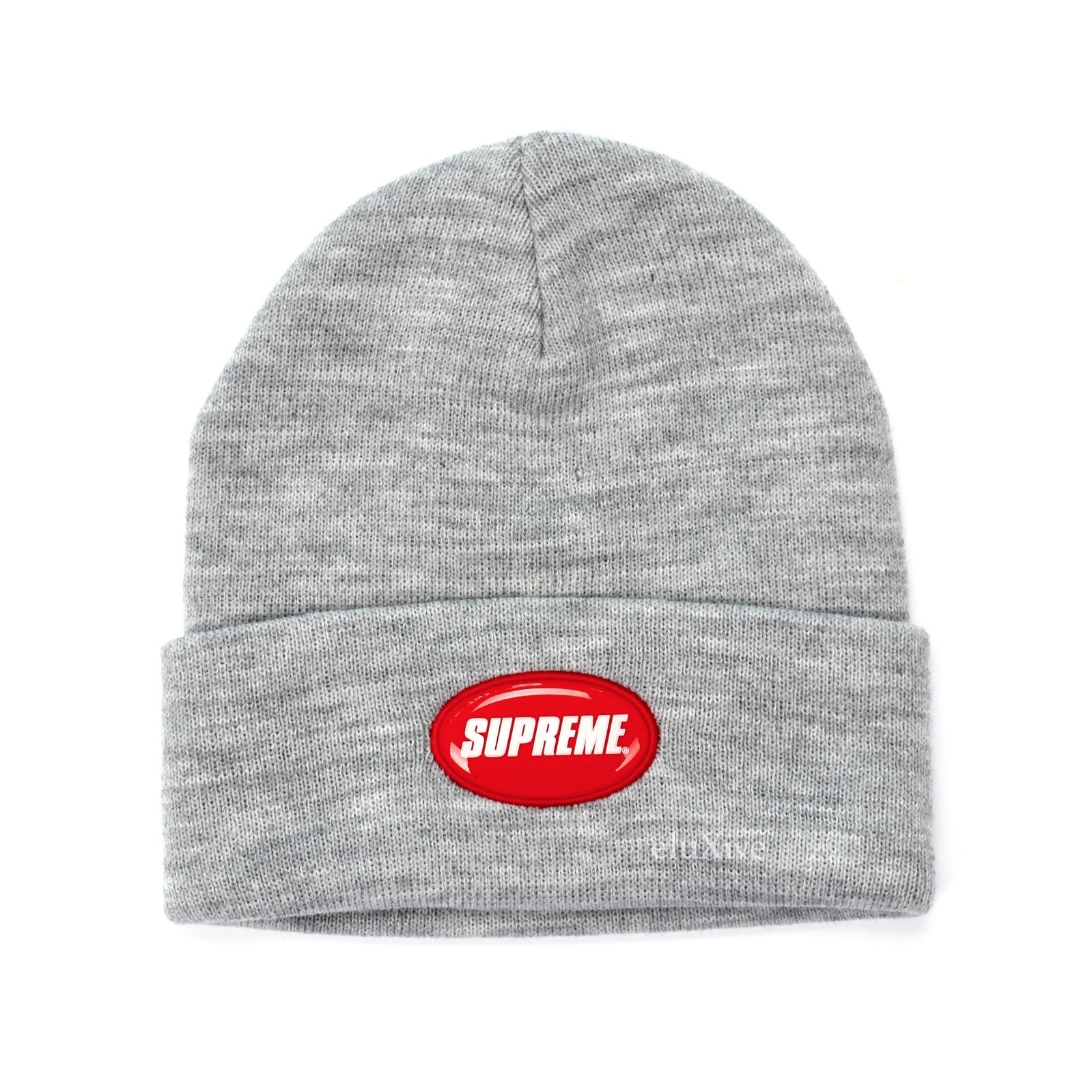 NWT Supreme NY Mens Heather Gray Red Rubber Patch Logo Beanie Hat