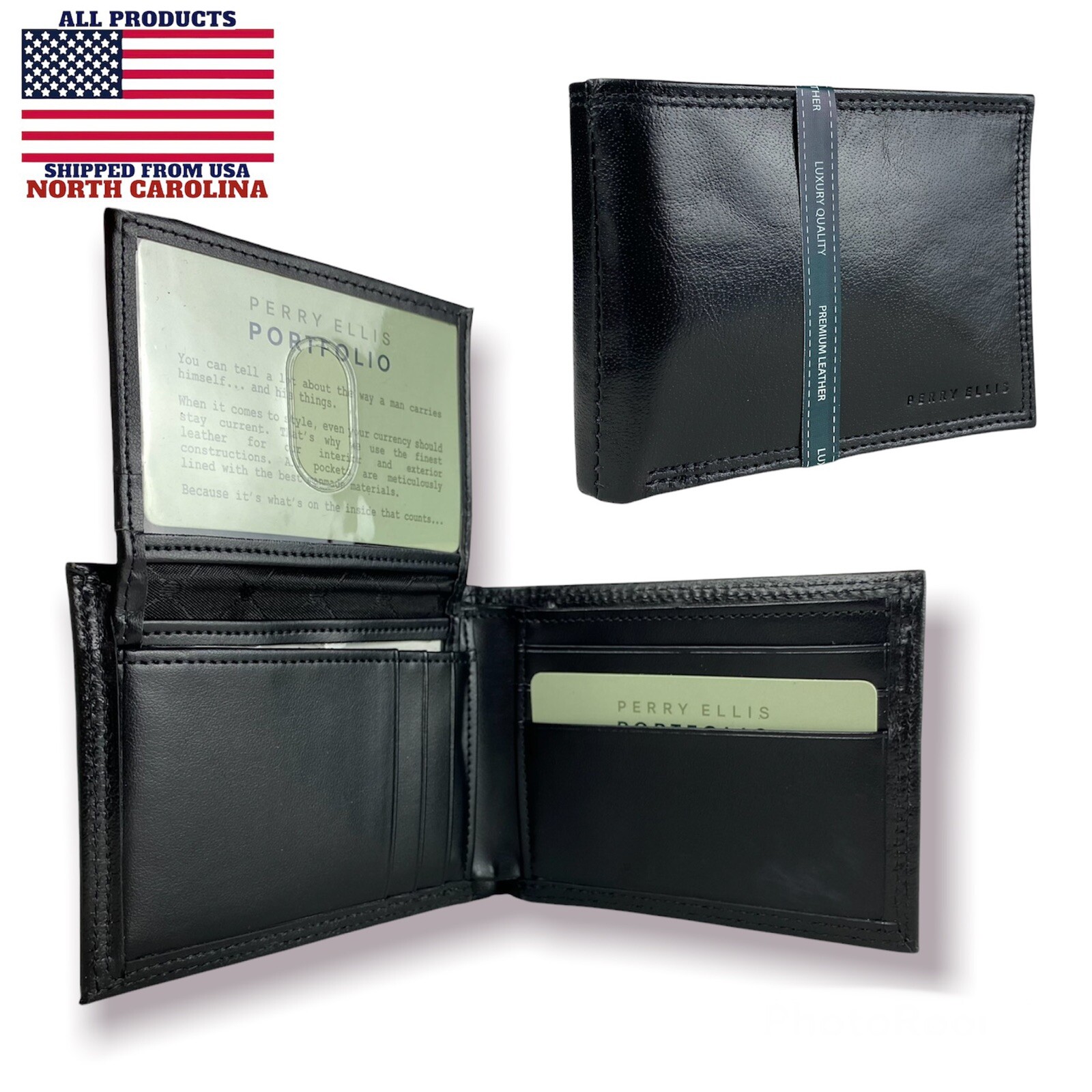 PERRY ELLIS Portfolio Passcase Bifold Genuine Leather Wallet for