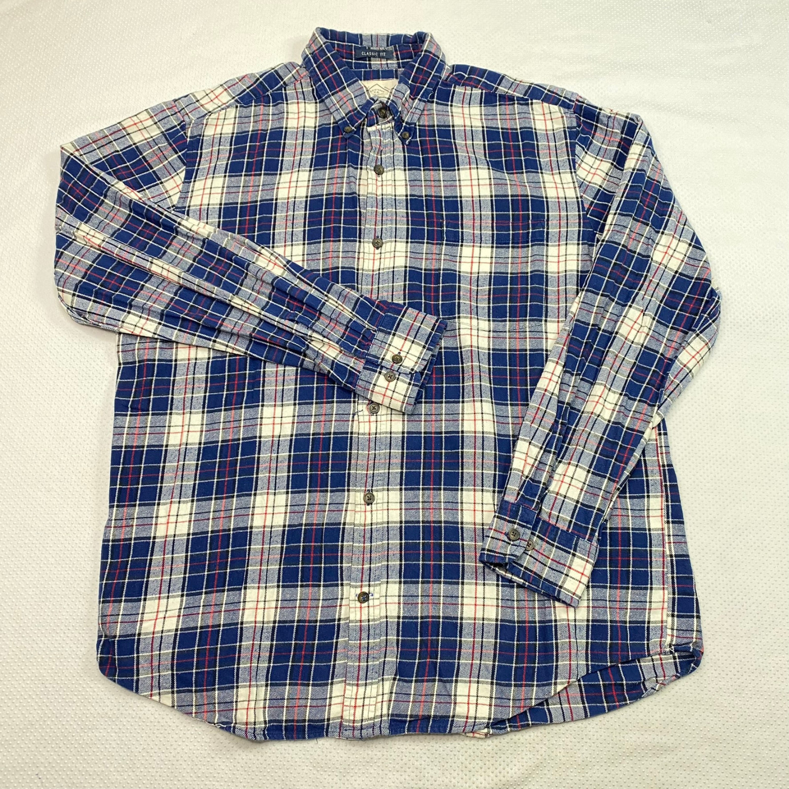 St Johns Bay Mens Shirt sz L Blue White Plaid Lightweight Flannel