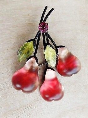 Triple Vintage Austria Frosted Glass Fruit brooch red pears