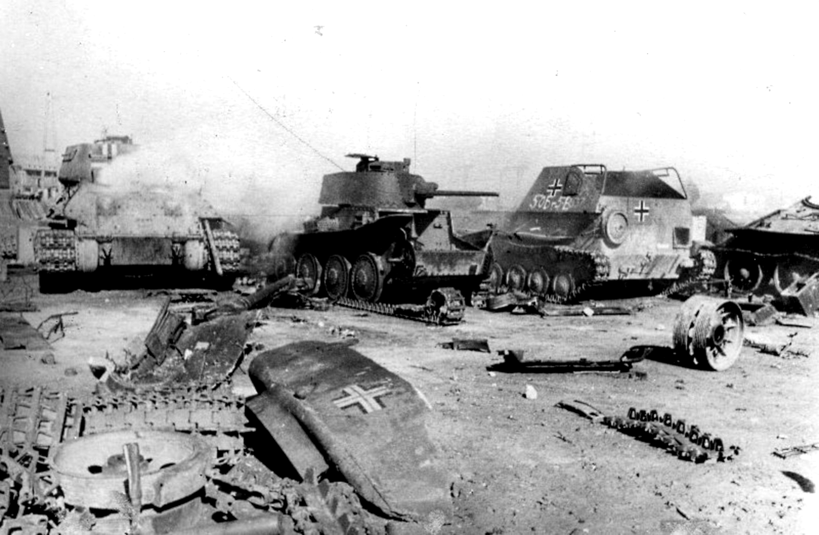 Knocked out captured soviet vehicles and Pz.38(t) that were